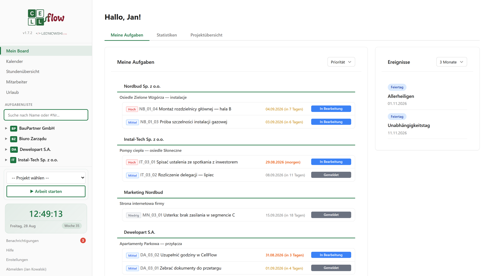 CellFlow-Dashboard — Projektmanagement und Zeiterfassung für kleine Unternehmen