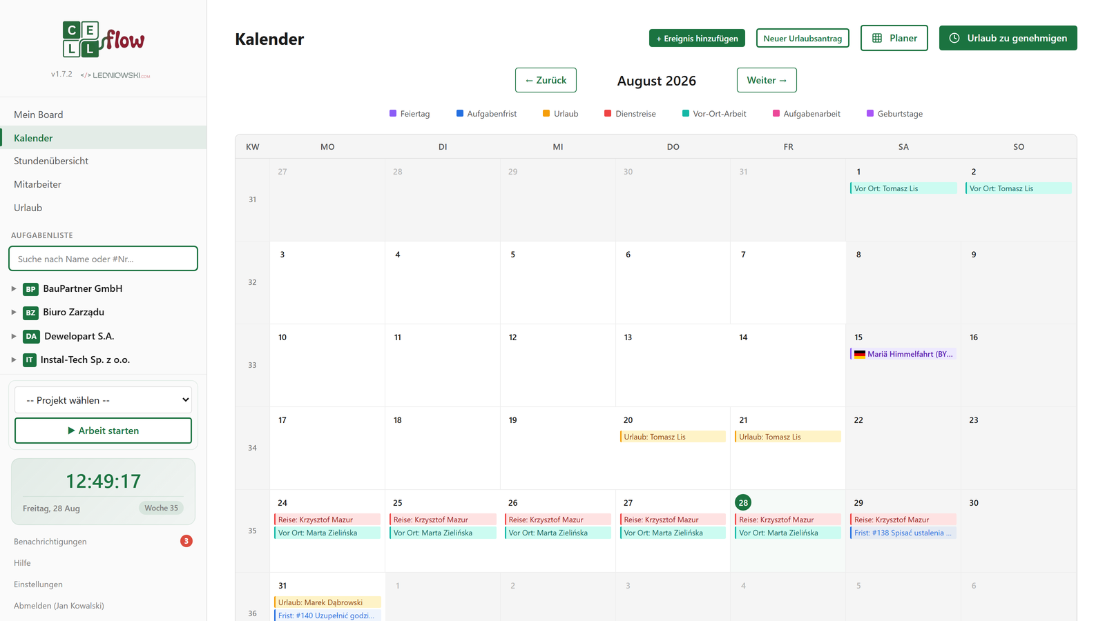 CellFlow-Teamkalender — Urlaube, Dienstreisen und Feiertage in einer Ansicht