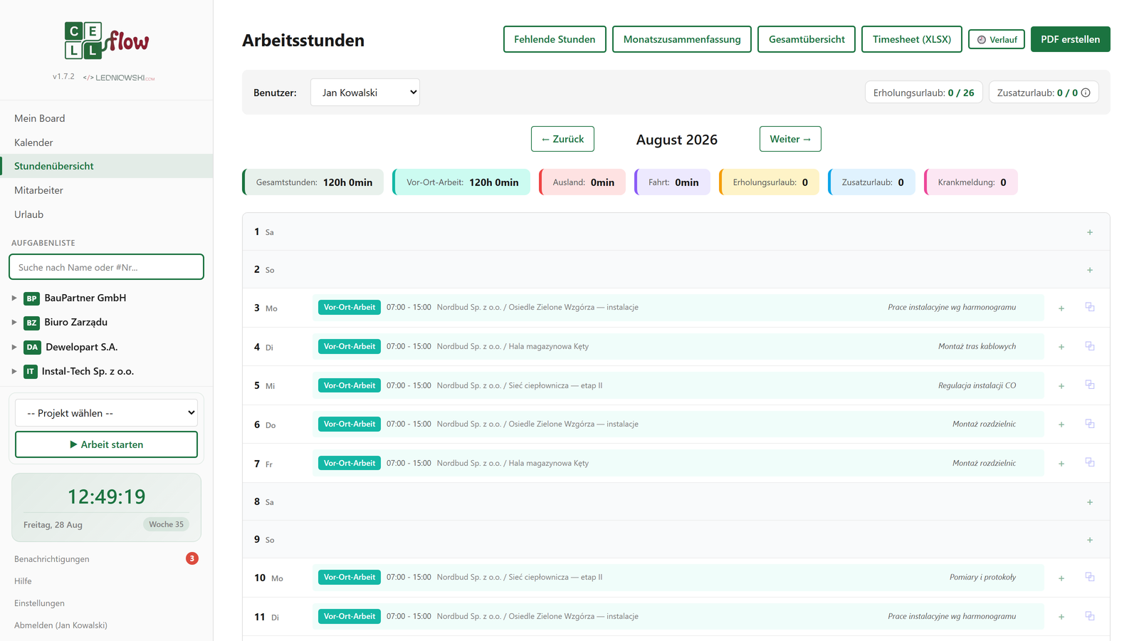 Zeiterfassung online in CellFlow — Stundenliste mit Tagestypen