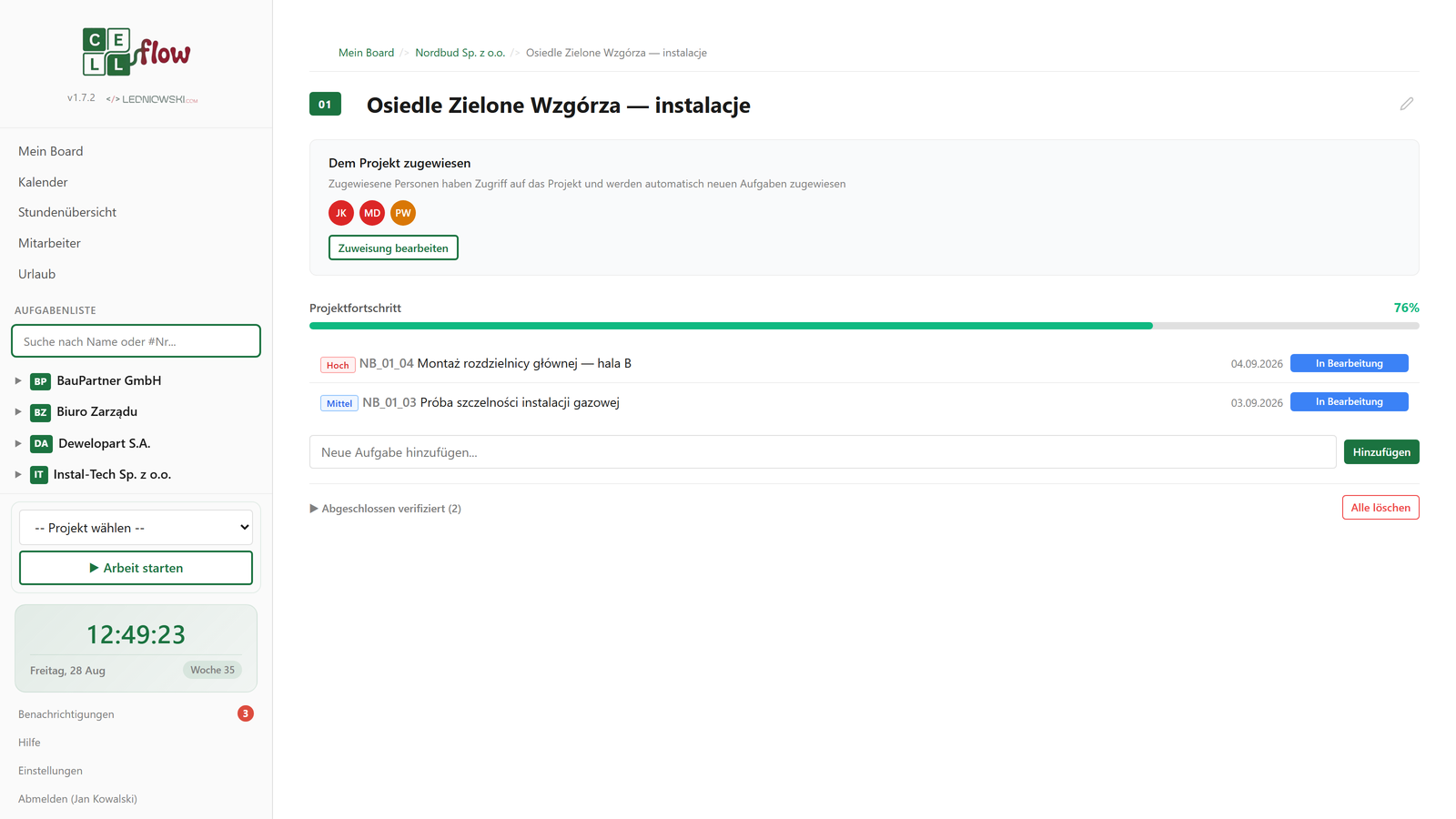 Projektansicht in CellFlow mit Aufgabenliste und Status