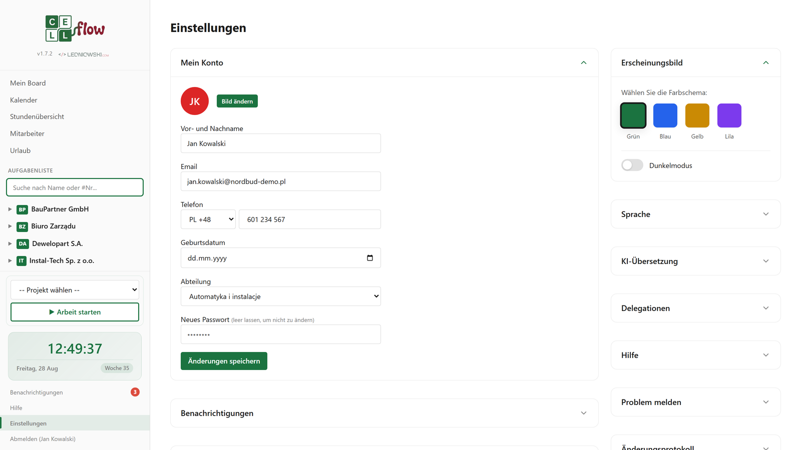Personalisierungseinstellungen in CellFlow — Farbthemen