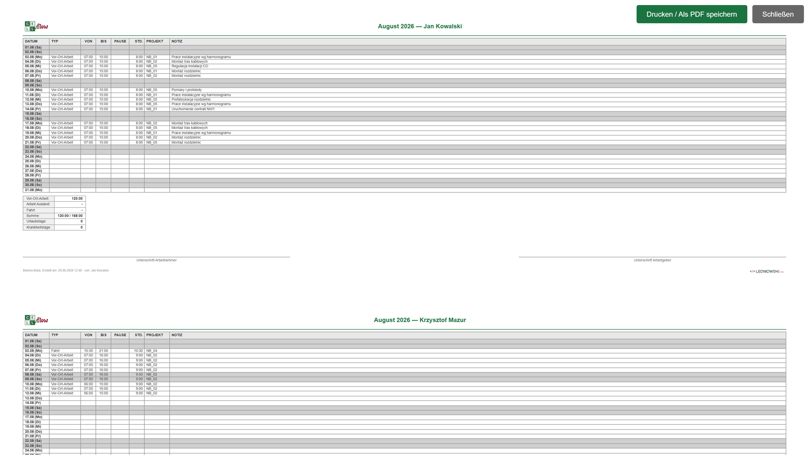PDF-Stundenbericht bereit zum Drucken und Unterschreiben
