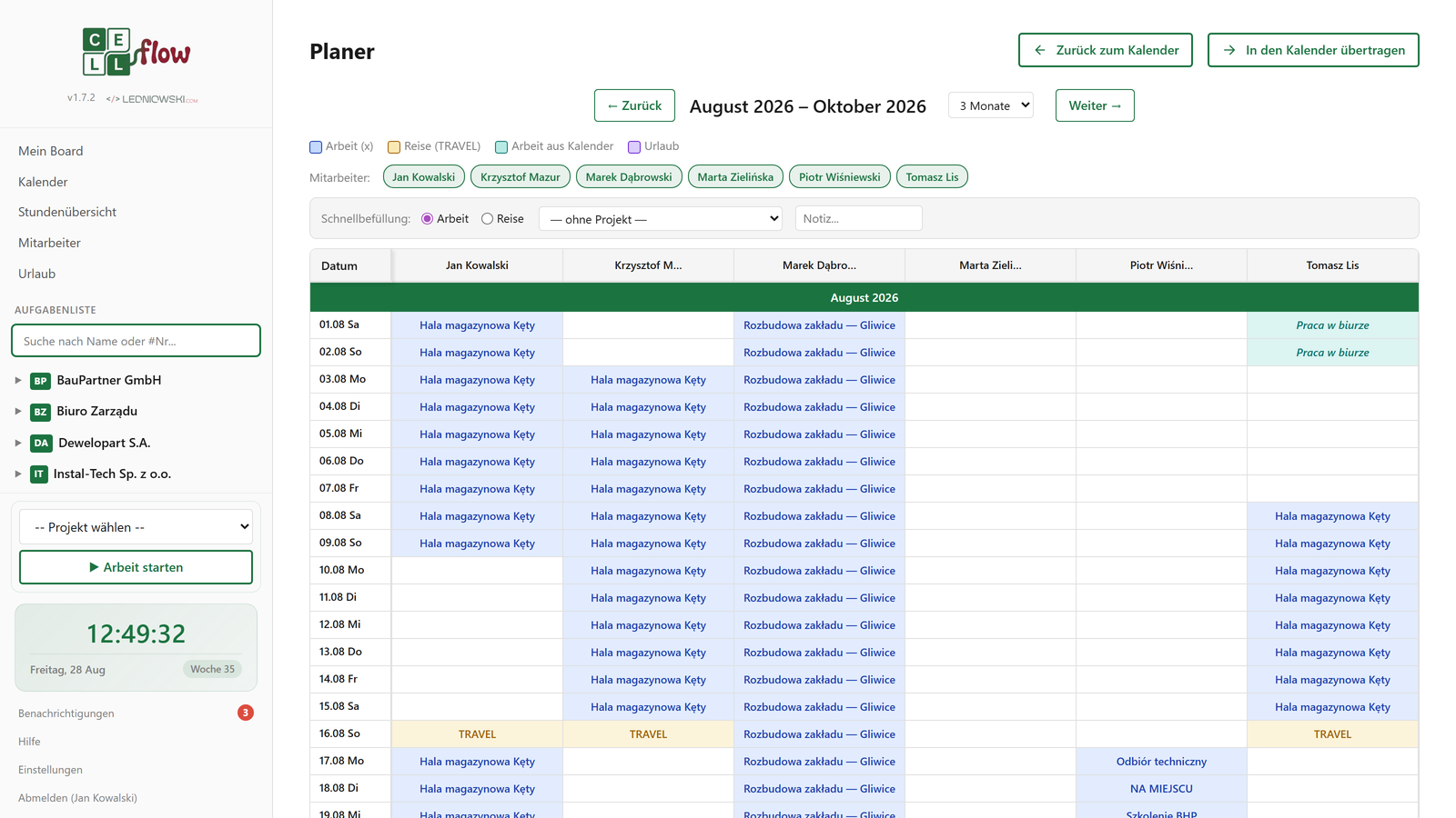 Auslastungsplaner — Raster Personen mal Tage