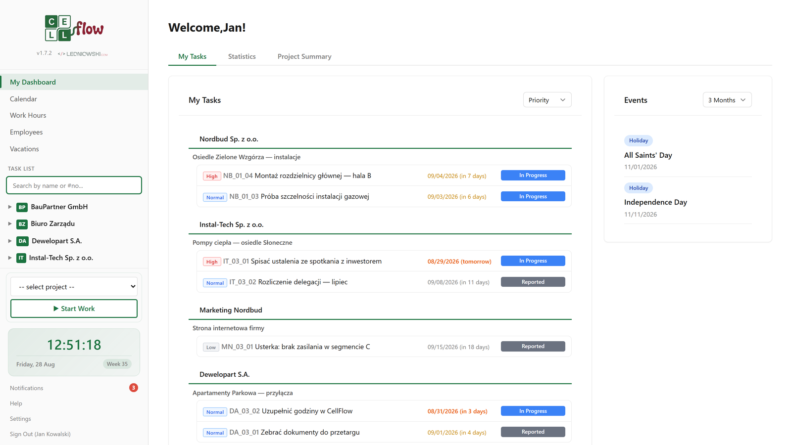 CellFlow dashboard — project management and time tracking for small teams