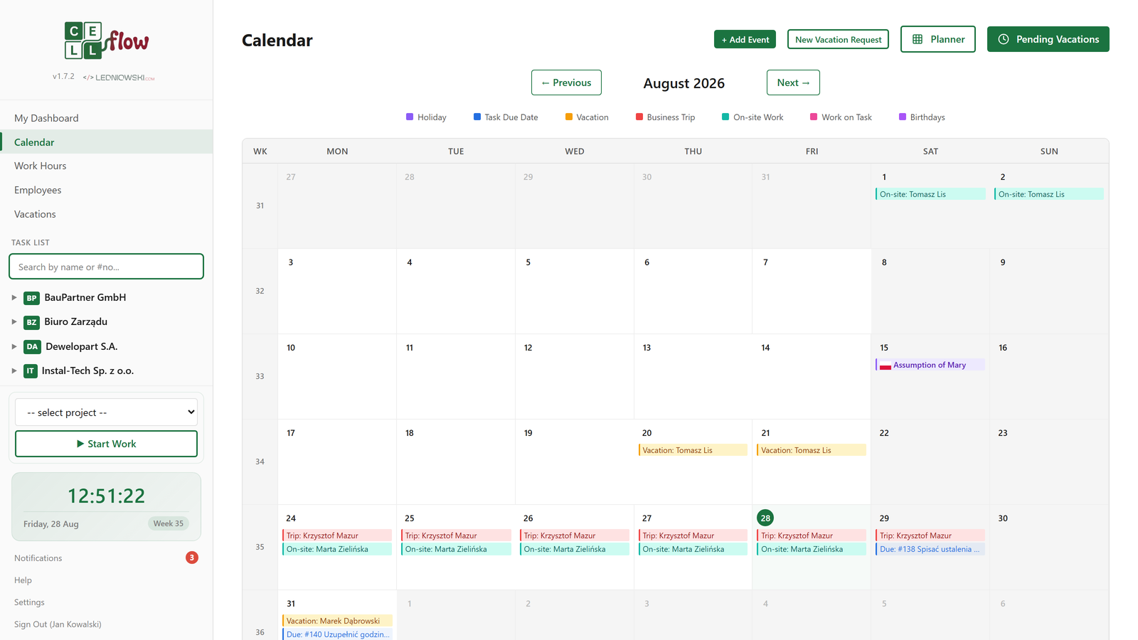 CellFlow team calendar — leave, trips and holidays in one view