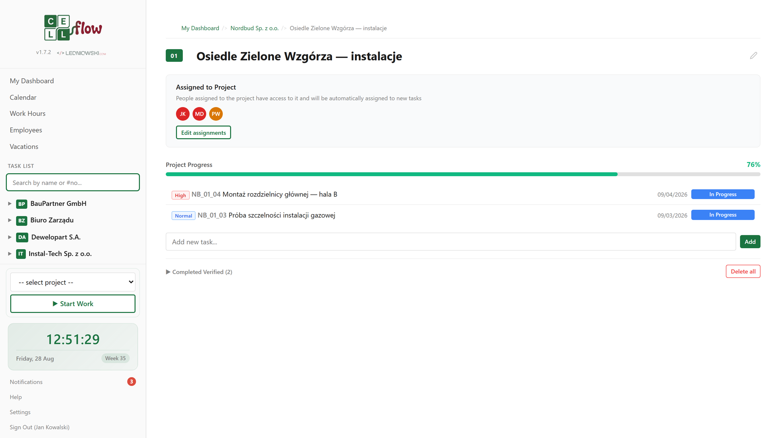Project view in CellFlow with task list and statuses