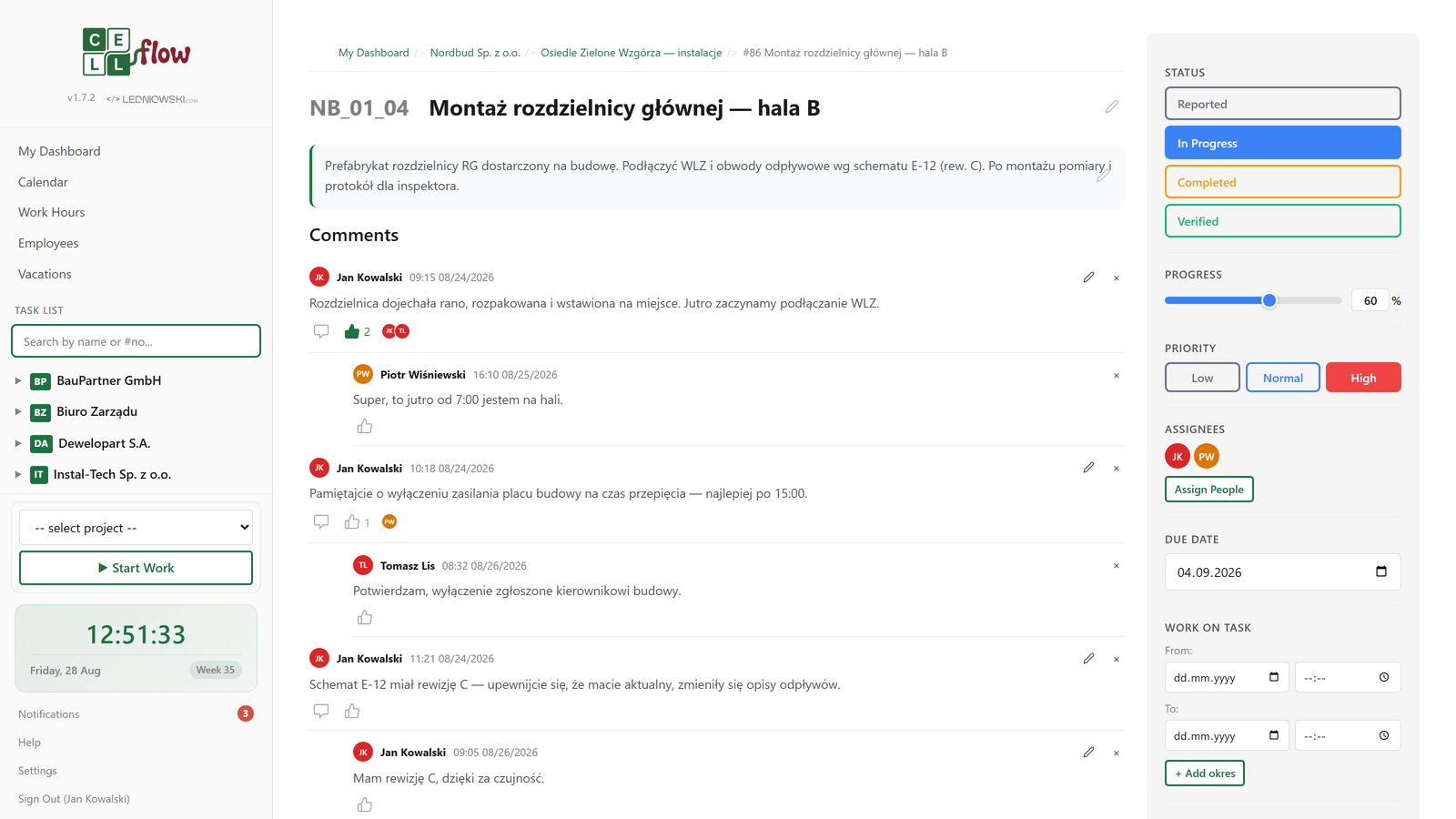 Task details — comments, attachments and change history