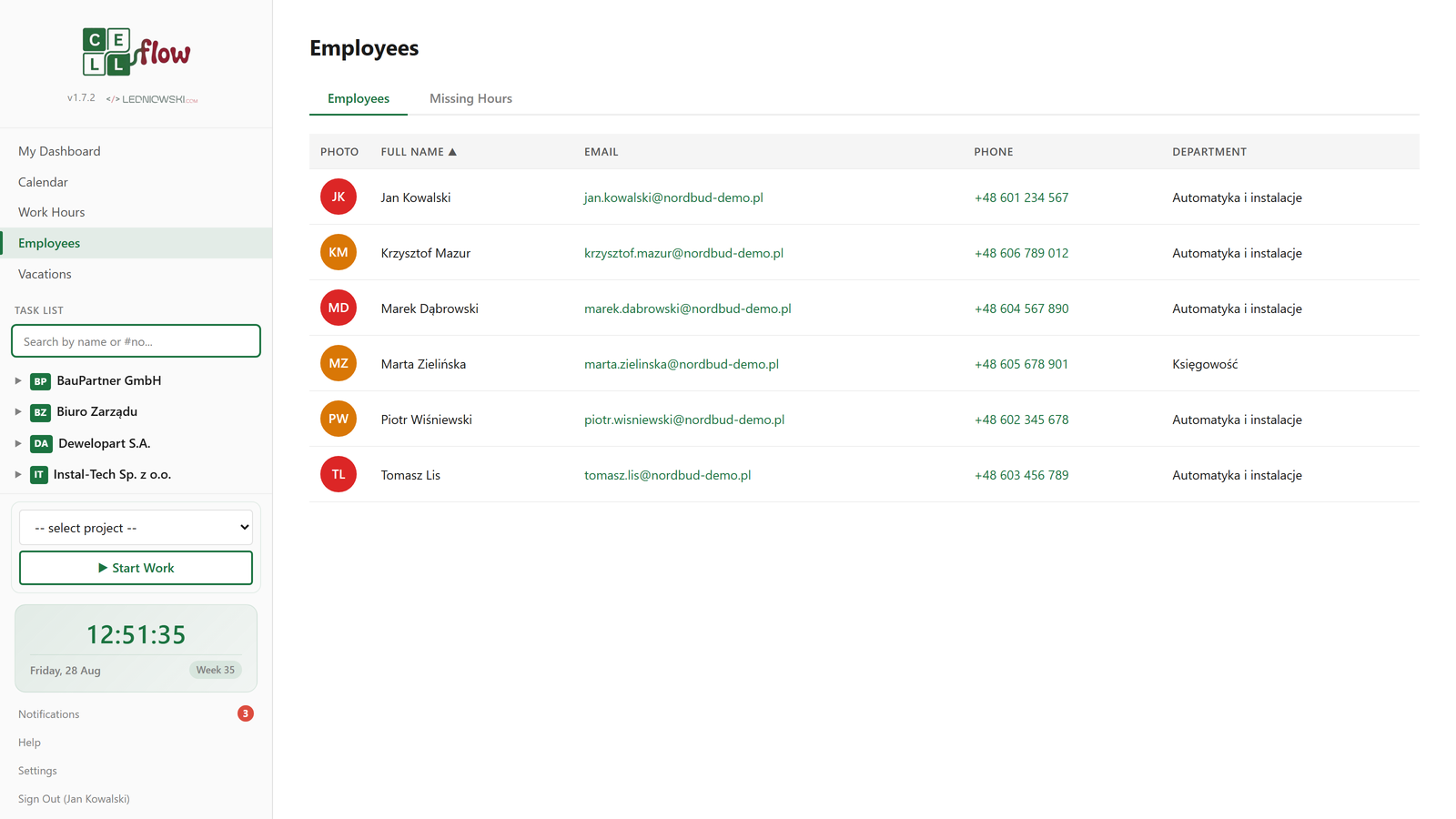 Employee list in CellFlow with departments and roles
