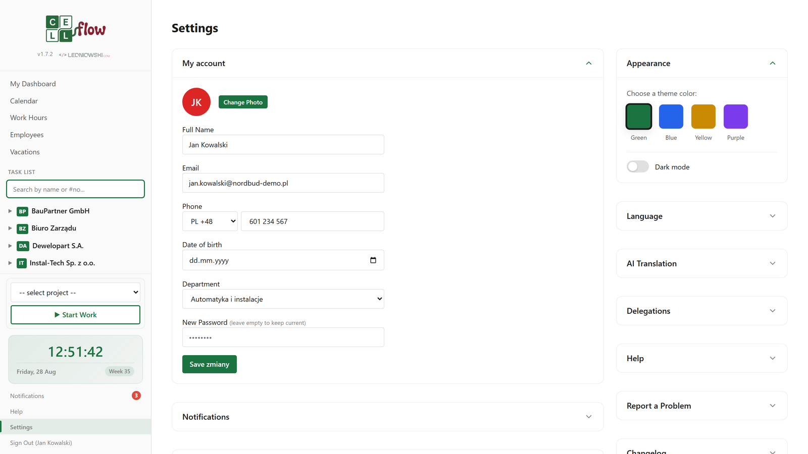 CellFlow personalization settings — color themes