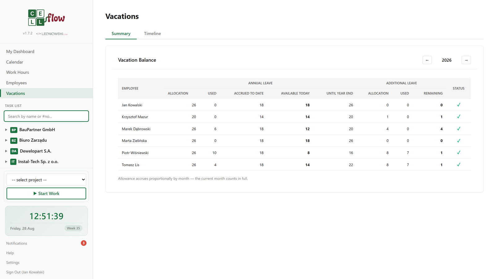 Leave balance and leave requests in CellFlow