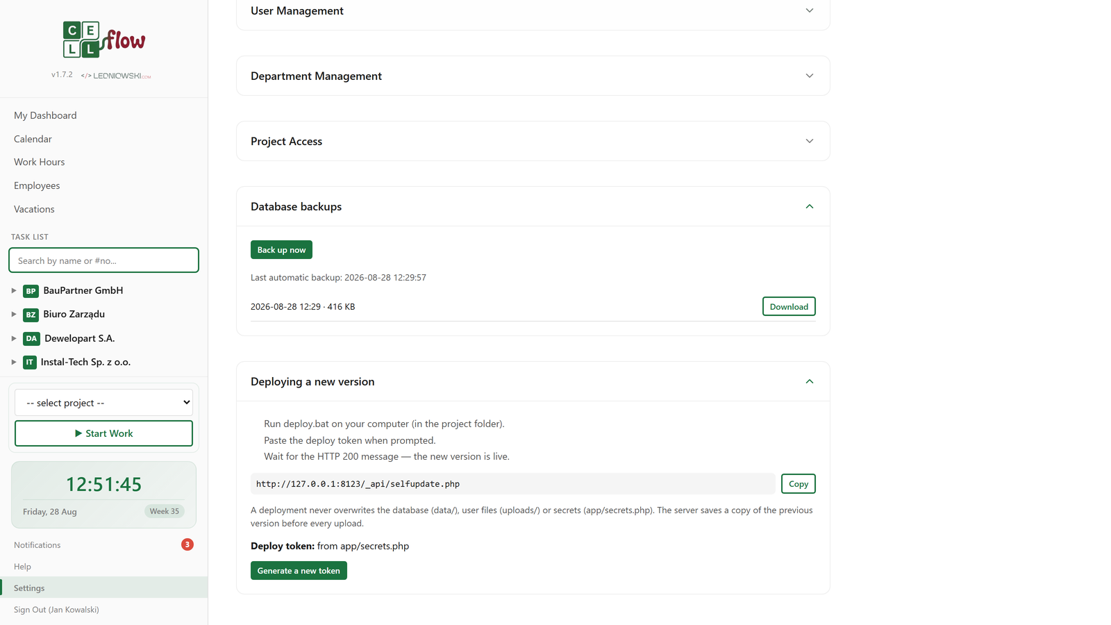 CellFlow admin panel — backups and updates