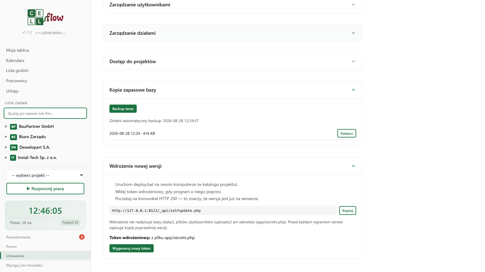 Panel administratora CellFlow — kopie zapasowe i aktualizacje